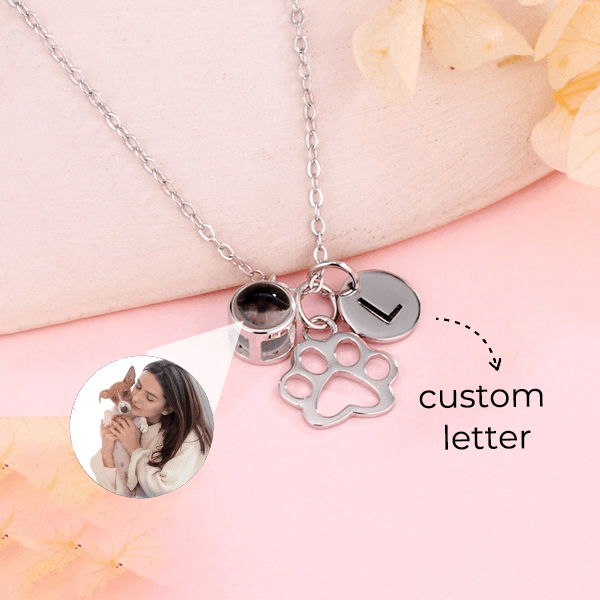 Personalized Photo Necklace With Initial And Paw Print Pendants