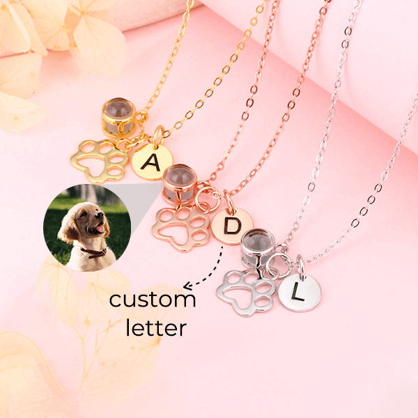 Personalized Photo Necklace With Initial And Paw Print Pendants