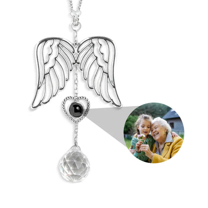 Silver angel wing custom photo suncatcher with a heart pendant and crystal droplet