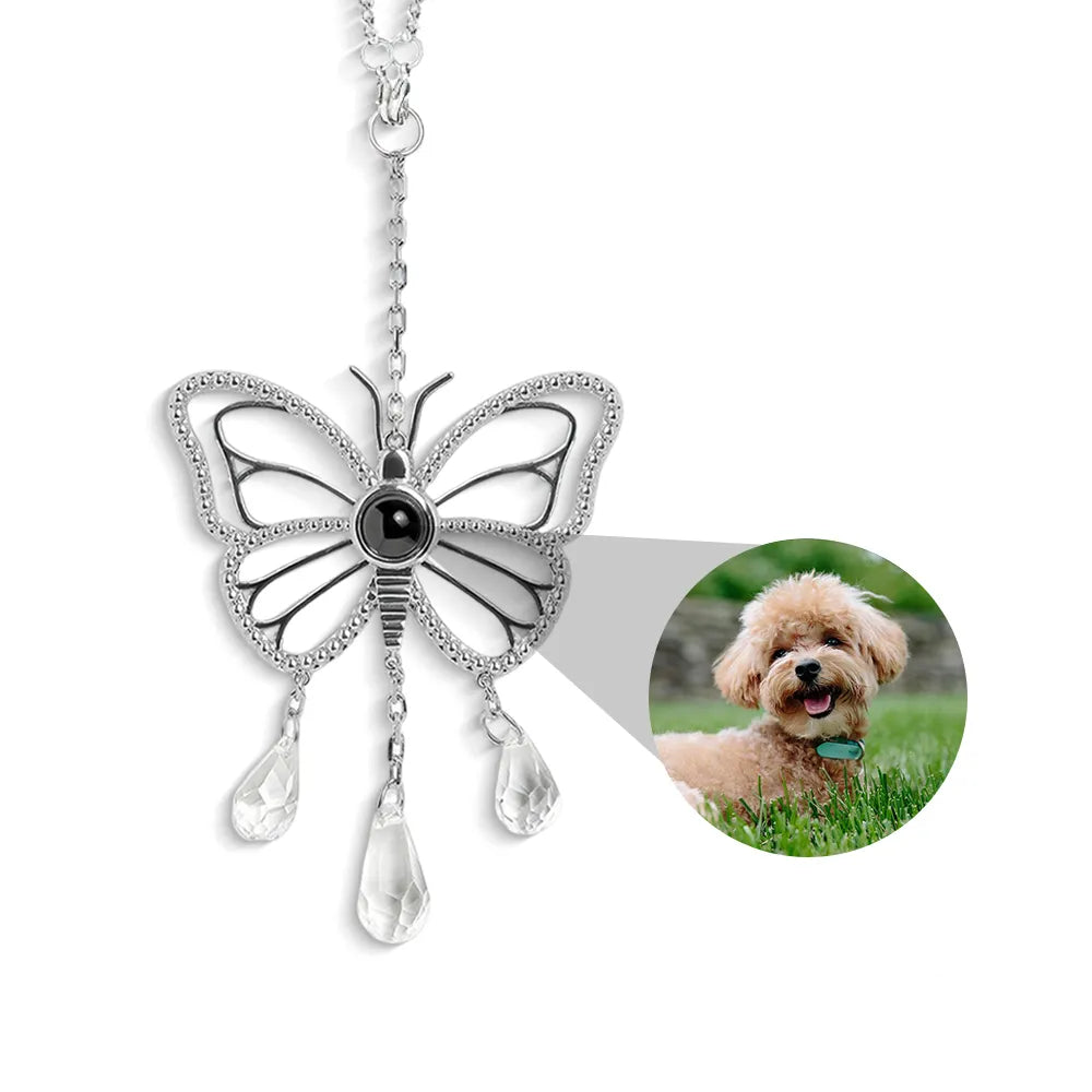 Butterfly-shaped custom photo suncatcher with a photo pendant and teardrop crystals