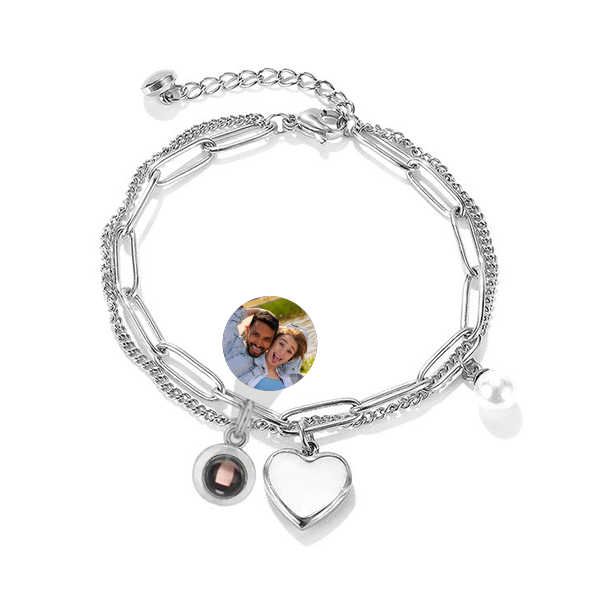 Double Bracelet with Heart and Pearl Charms