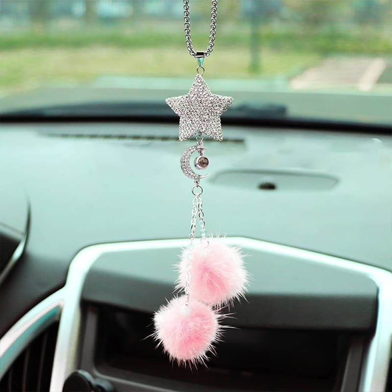 Personalized Crystal Pentagram Car Mirror Ornament with Custom Photo