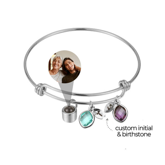 Personalized Photo Bangle Bracelet for Mother's Day With Custom Initial and Birthstone Charm