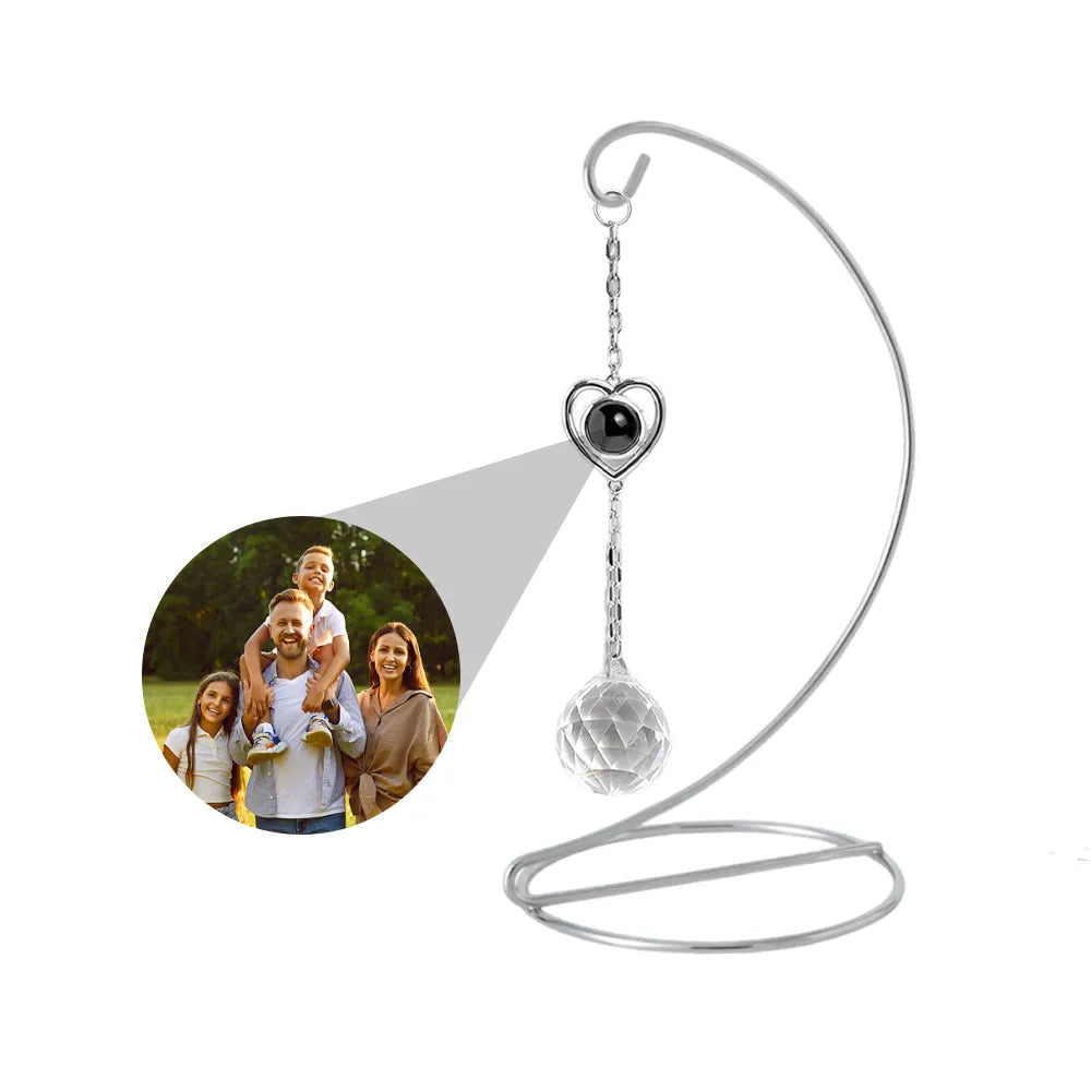 Custom photo sun catcher with heart and crystal design, with a tabletop stand