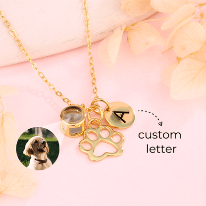 Personalized Photo Necklace With Initial And Paw Print Pendants