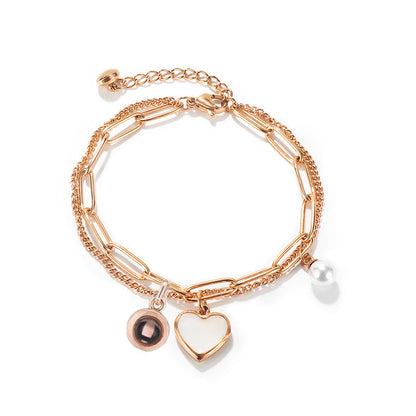 Double Bracelet with Heart and Pearl Charms