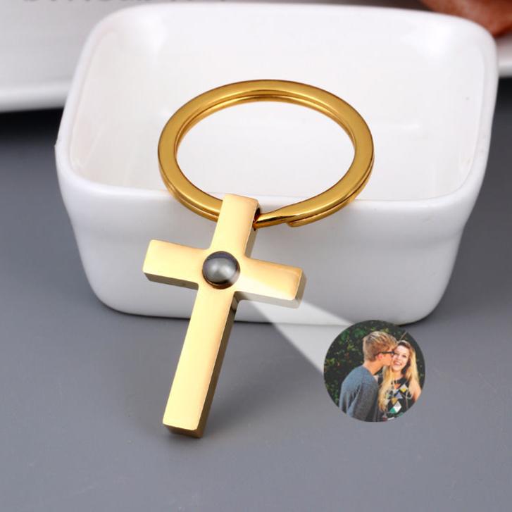 Personalized Cross Text Engraved Photo Keychain