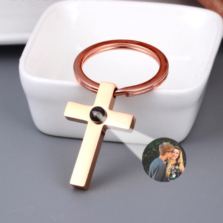 Personalized Cross Text Engraved Photo Keychain