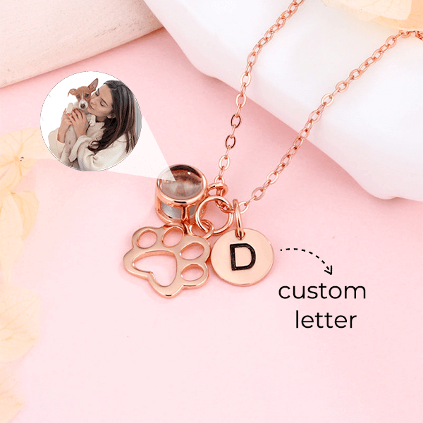 Personalized Photo Necklace With Initial And Paw Print Pendants