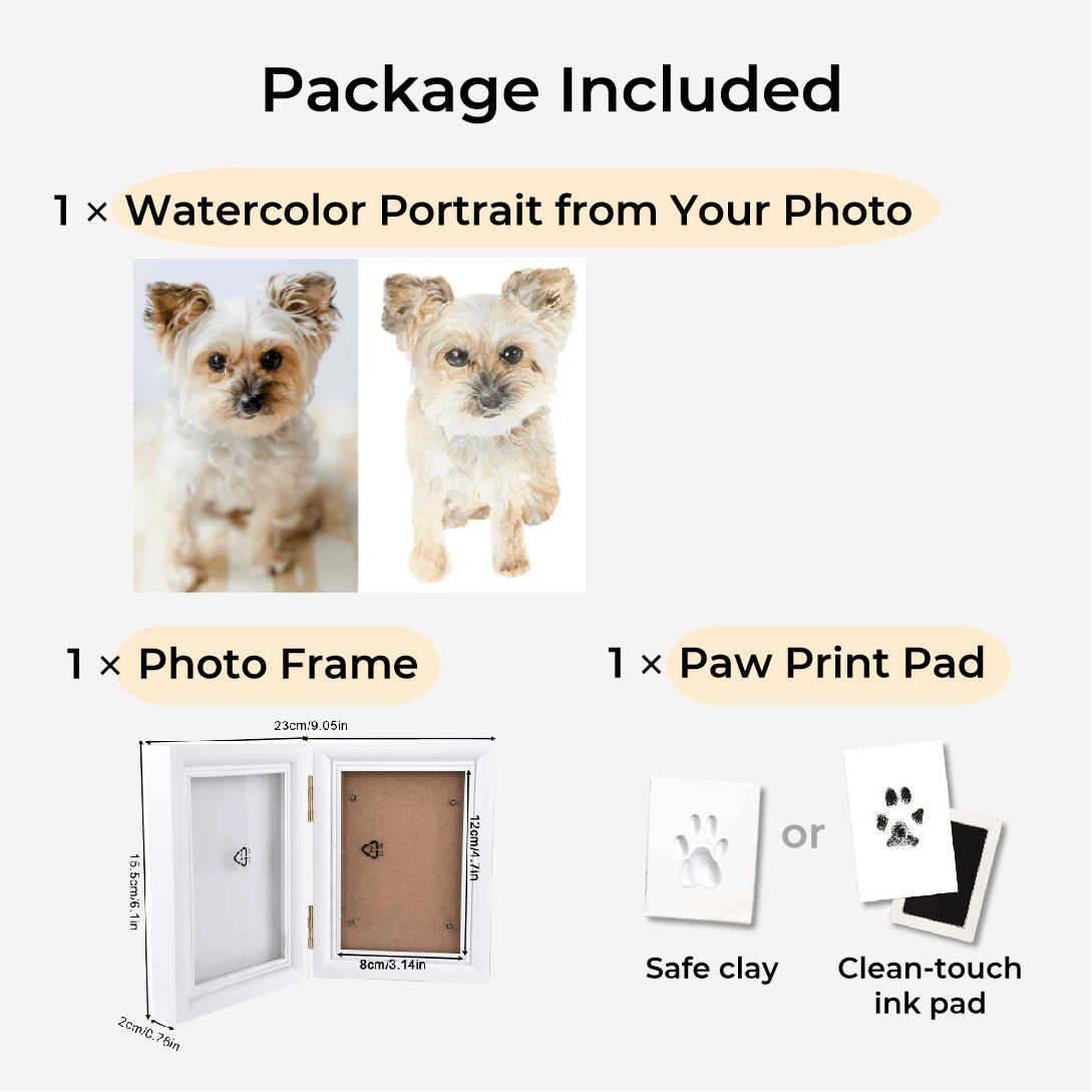 Hand-Painted Custom Pet Watercolor Portrait With Paw Print Set