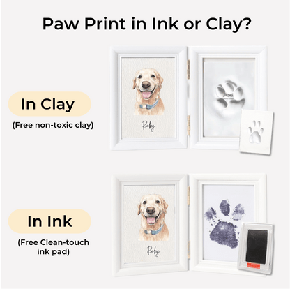 Hand-Painted Custom Pet Watercolor Portrait With Paw Print Set